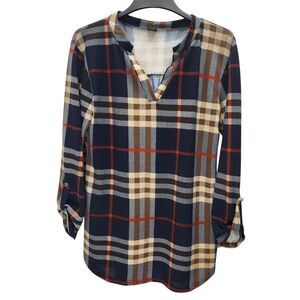 WinWin Tunic Top Womens L-XL Blue Brown Plaid V-Neck Roll Tab Sleeve Casual